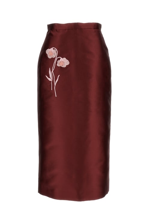 Erdem Burgundy Embroidered Mikado Midi Skirt