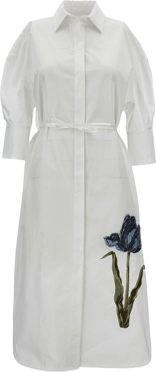 Erdem White Cotton Poplin Midi Dress with Tulip Embroidery