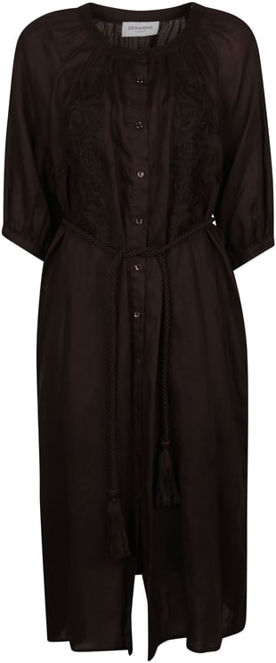 Ermanno Firenze Three-quarter Sleeves Embroidered Belted Dress Brown