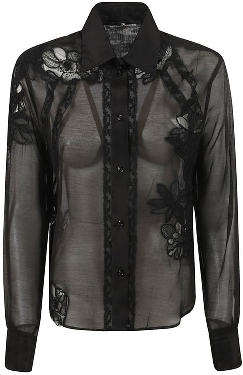 Ermanno Scervino Sheer Black Shirt With Floral Embroidery