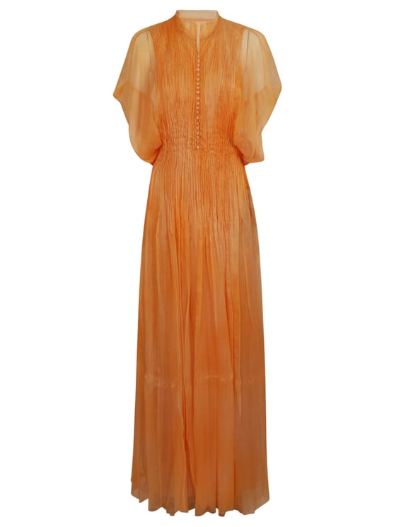 Ermanno Scervino Pure Silk Maxi Dress with Pleating and Buttoned Neckline