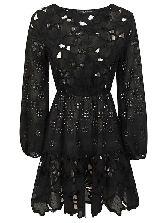 Ermanno Scervino Intricate Black Macramé Mini Dress with Elasticized Waist