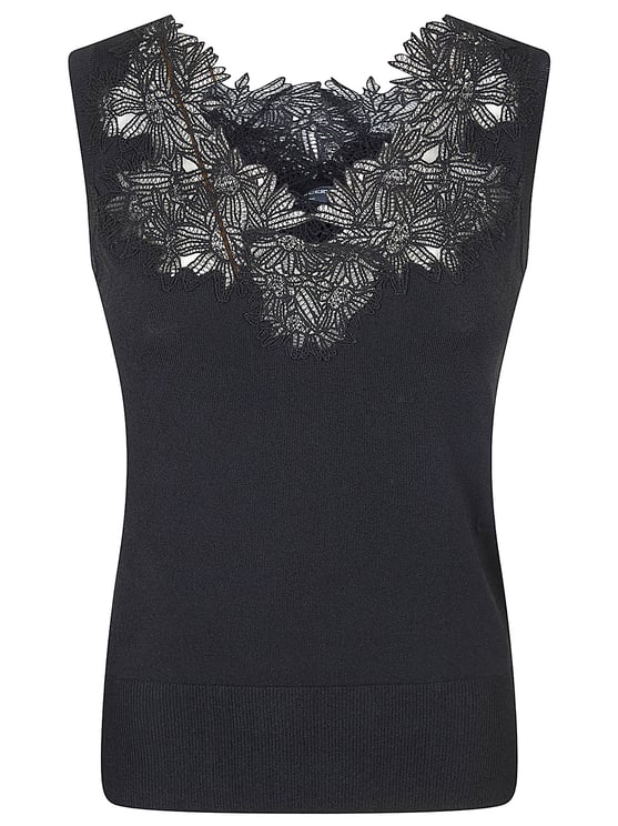 Ermanno Scervino Sleeveless V-Neck Knit Tank Top with Lace Embellishment