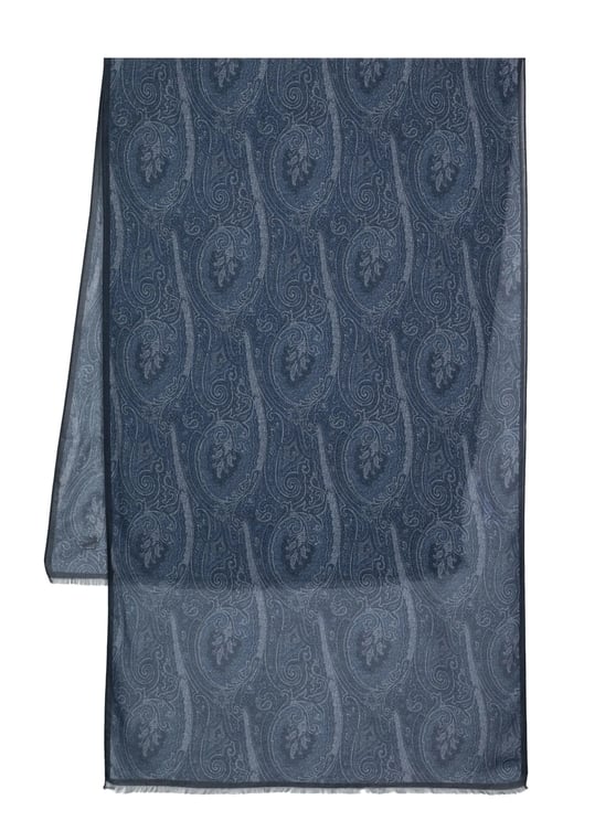 Etro Deep Blue Paisley Fringed Scarf