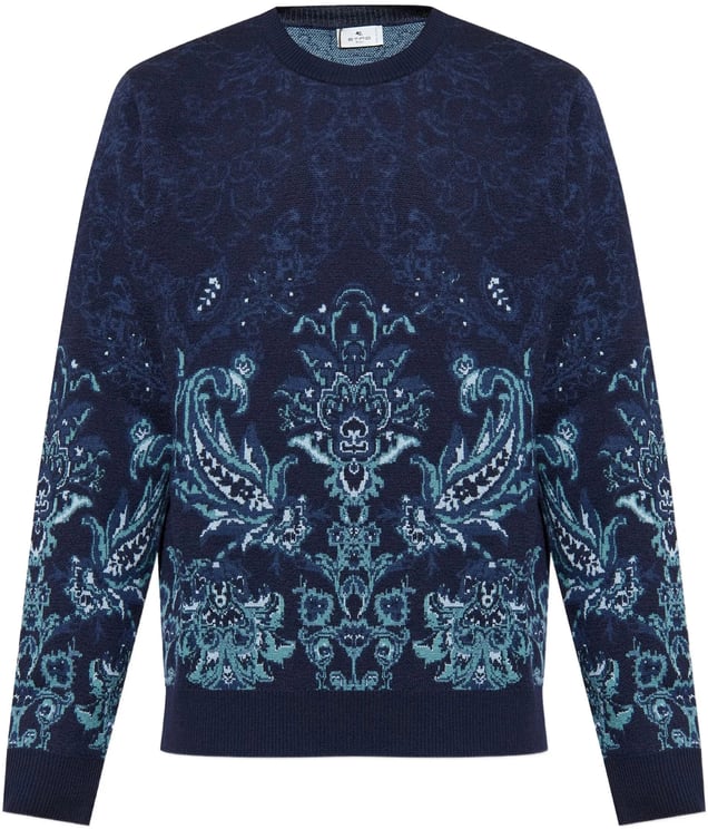 Etro Jacquard Floral Navy Wool Knit Sweater