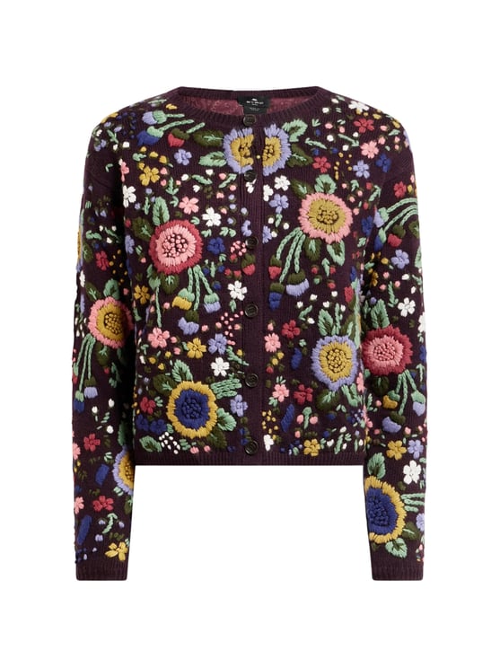 Etro Cropped Burgundy Floral Embroidered Cardigan