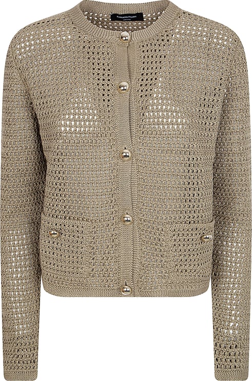Fabiana Filippi Brown Open-Knit Cardigan with Button-Down Front and Patch Pockets
