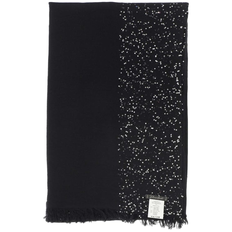 FALIERO SARTI Fringed Black Scarf With Sequin Detailing