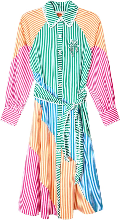 FARM Rio CUTWORK STRIPES LONG SLEEVE CHEMISE MIDI DRESS