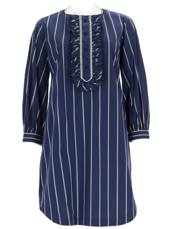 Fay Blue Striped Midi Dress with Ruffled Bib Detail