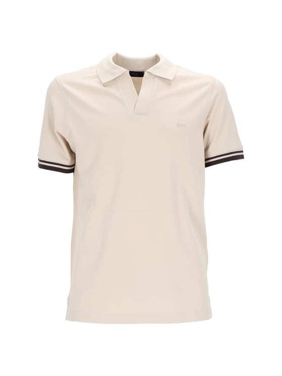 Fay Beige Striped Cuffs V Notch Polo Shirt