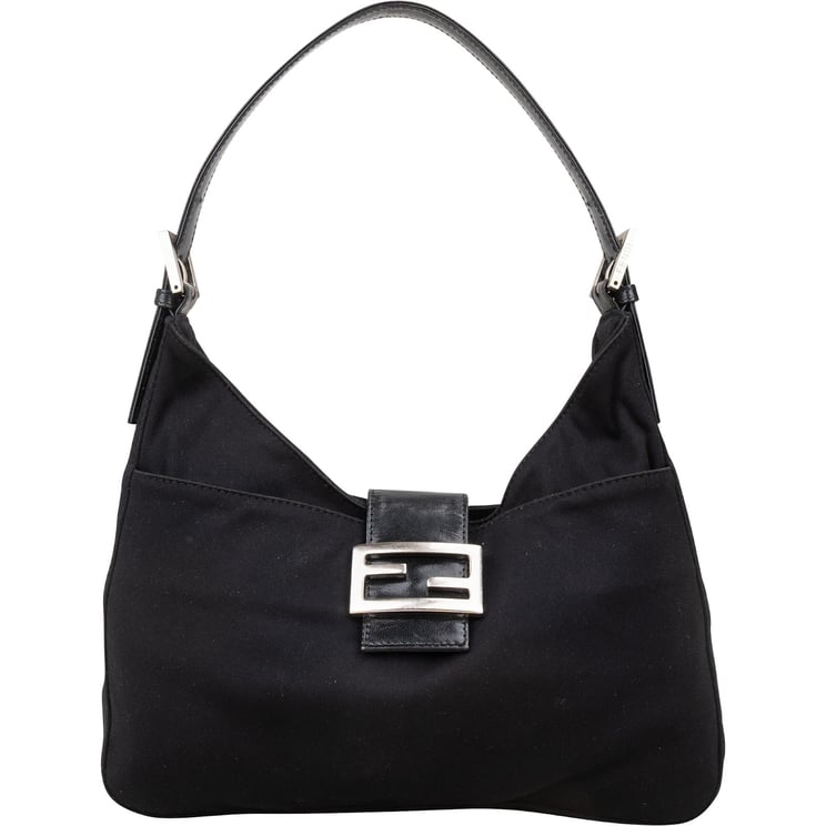 Fendi Fendi Black Cotton Baguette Buckle Shoulder Bag