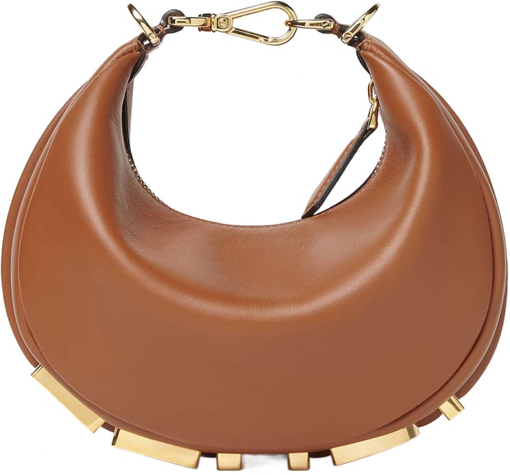Fendi Crescent-Shaped Leather Handbag with Polished Finish and Bold Letter Embellishments
