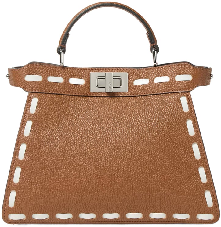 Fendi Trapezoidal Leather Handbag with Stitched Detailing and Silver-tone Closure