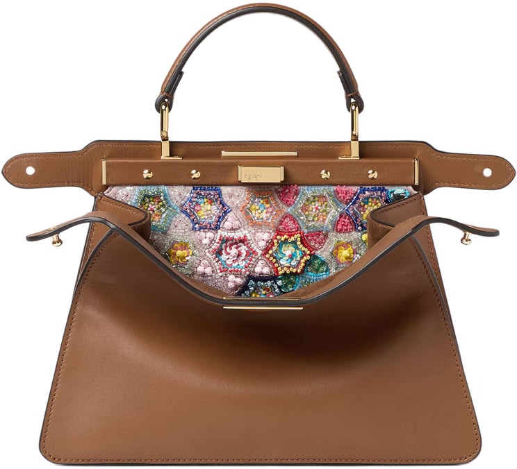 Fendi Structured Calf Leather Handbag with Beaded Flap and Gold-tone Hardware