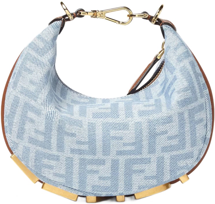 Fendi Crescent-Shaped Handbag with Light Blue Monogram and Gold Hardware