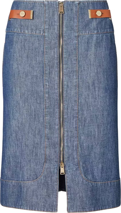Fendi Straight-Cut Chambray Skirt with Front Zipper and Leather Accents