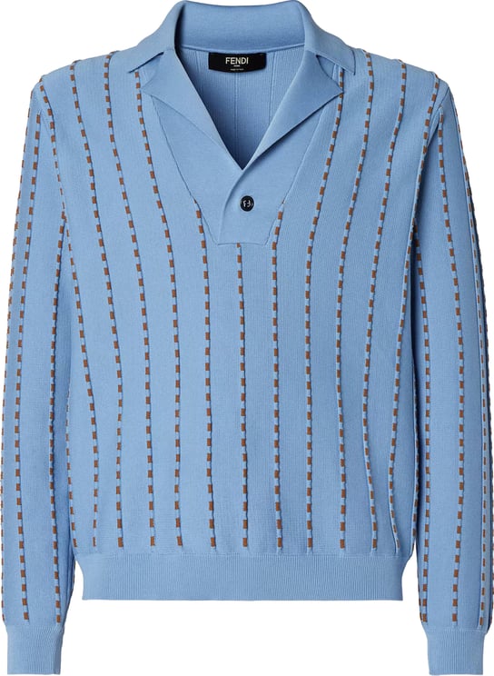 Fendi Light Blue Knit Polo Sweater with Vertical Stripes