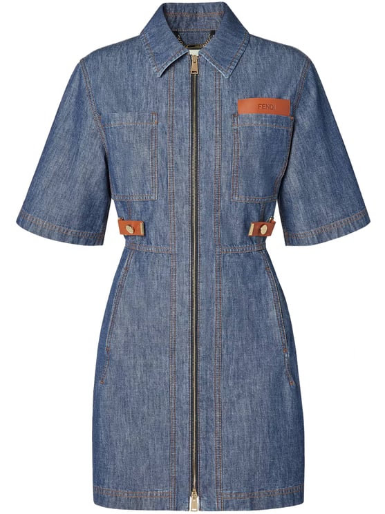 Fendi Short-Sleeved Denim Dress with Structured Collar and Utility Pockets