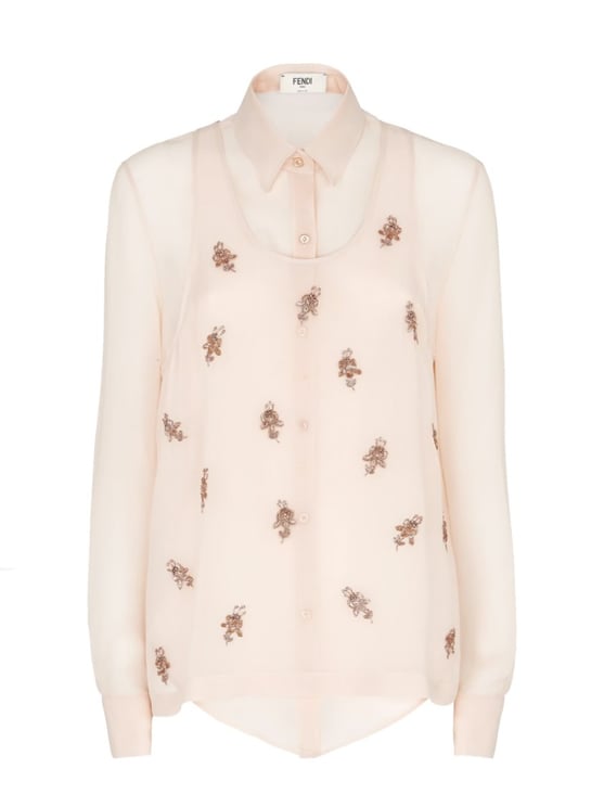 Fendi Embroidered Sheer Georgette Top With Classic Collar