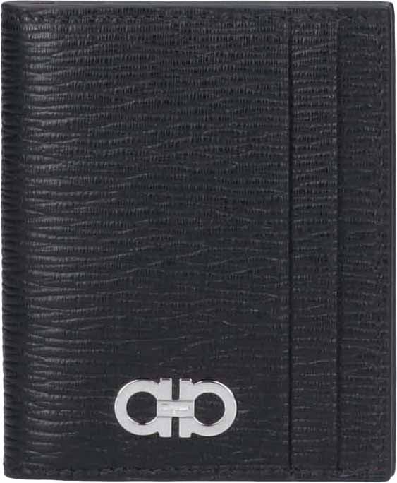 Ferragamo Black Gancini Pebbled Leather Bi-Fold Wallet