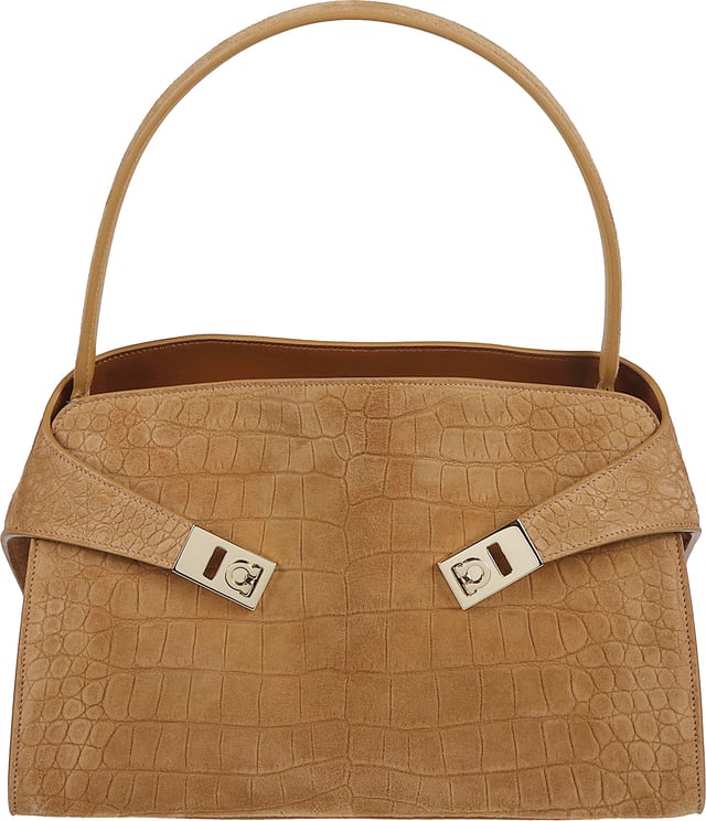 Ferragamo Crocodile-Print Suede Handbag with Gold-Tone Accents