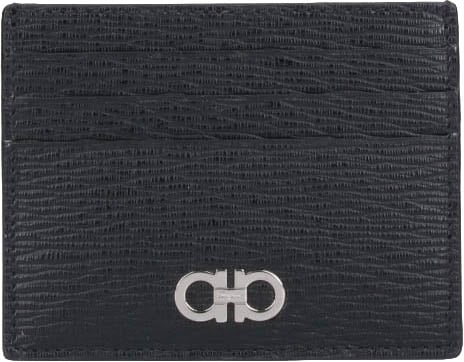Ferragamo Black/Red Gancini Crinkle Leather Card Case