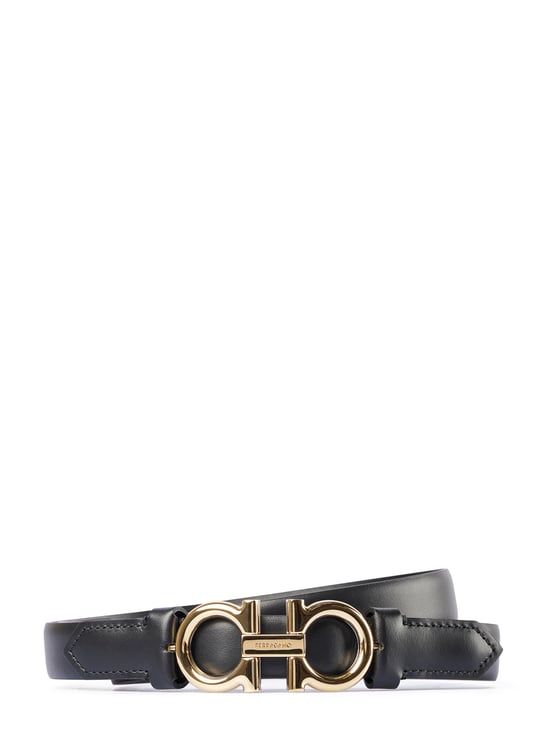 Ferragamo Narrow Leather Belt with Double Gancini Buckle