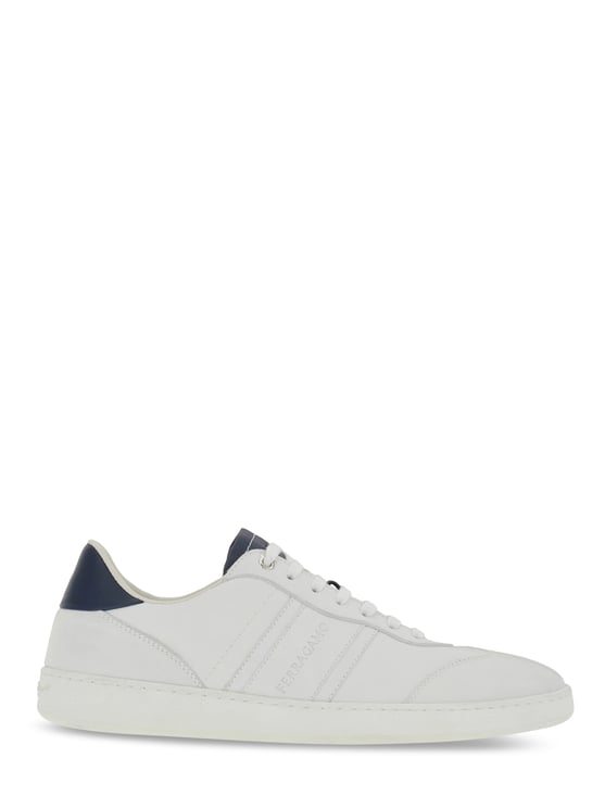 Ferragamo White Sneakers with Contrasting Navy Accents and Tonal Branding