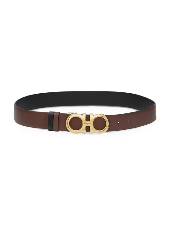 Ferragamo Leather Belt with Gold-Tone Double Gancini Buckle
