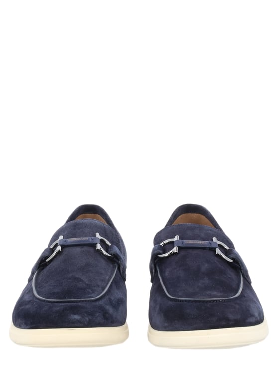 Ferragamo Deep Blue Suede Loafers with Silver-Toned Accents