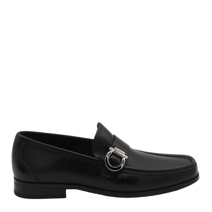 Ferragamo Refined Black Leather Loafers with Silver Buckle Detail