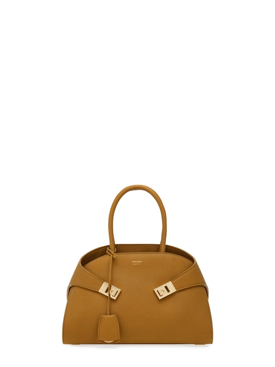 Ferragamo Curved Silhouette Structured Handbag with Gold Accents