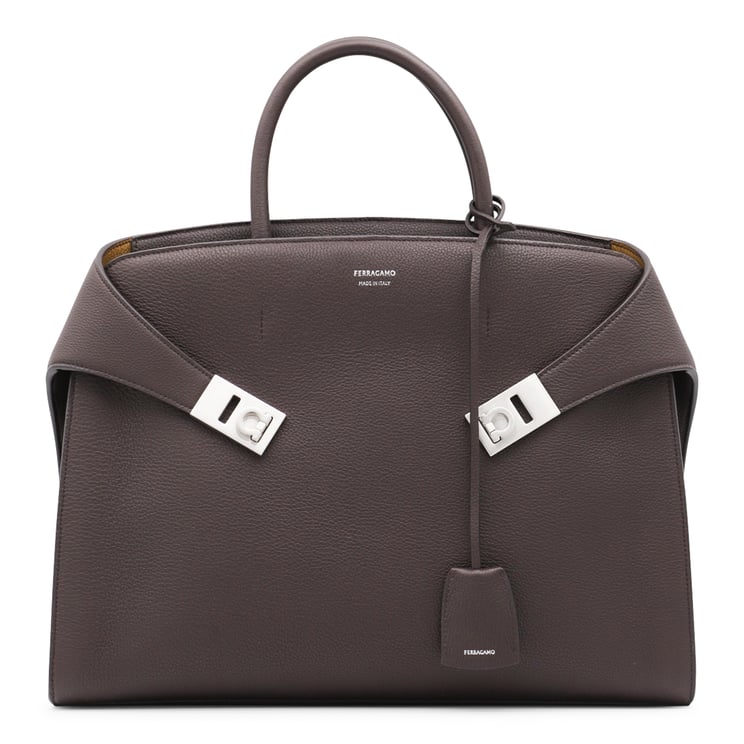 Ferragamo Structured Dark Brown Leather Top Handle Bag with Adjustable Strap