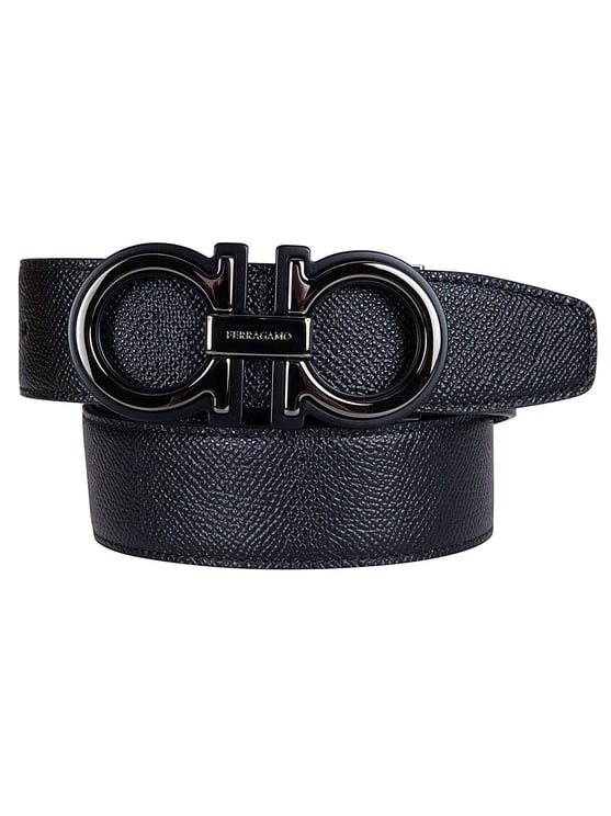 Ferragamo Textured Leather Belt with Double-Ring Buckle and Engraved Detailing