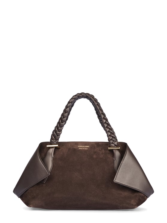 Ferragamo Brown Suede Handbag with Braided Leather Handles