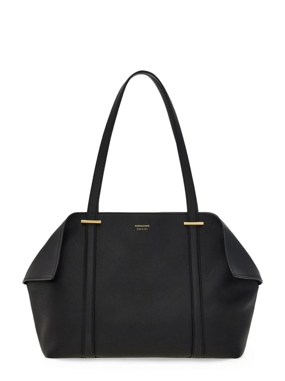 Ferragamo Structured Black Leather Tote Bag with Gold Accents