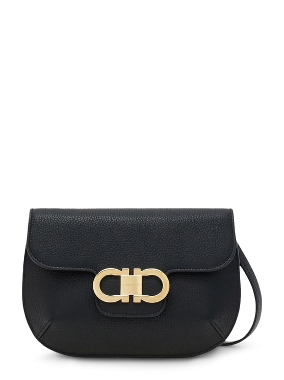 Ferragamo Structured Pebbled Leather Shoulder Bag with Gold-Tone Clasp