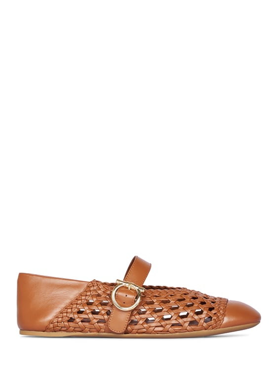 Ferragamo Pointed Toe Woven Leather Flats with Gold-Tone Detail