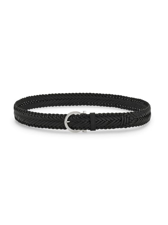 Ferragamo Braided Calfskin Leather Belt with Polished Silver-Tone Buckle