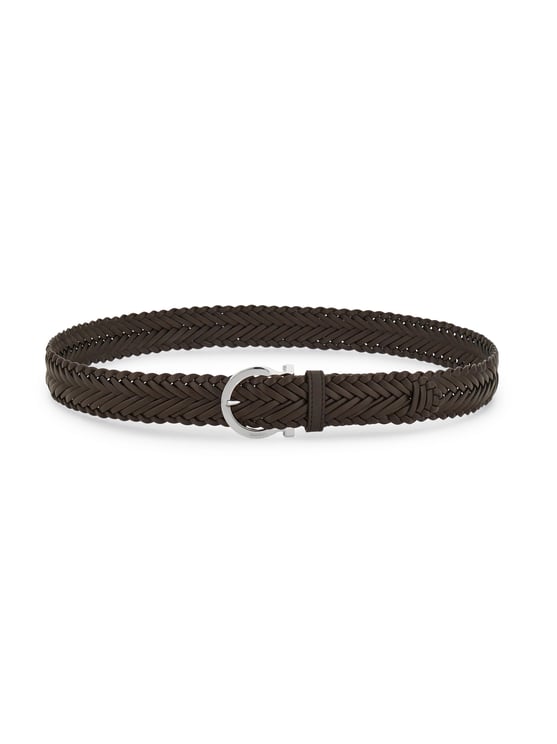 Ferragamo Braided Leather Belt with Rounded Silver Buckle