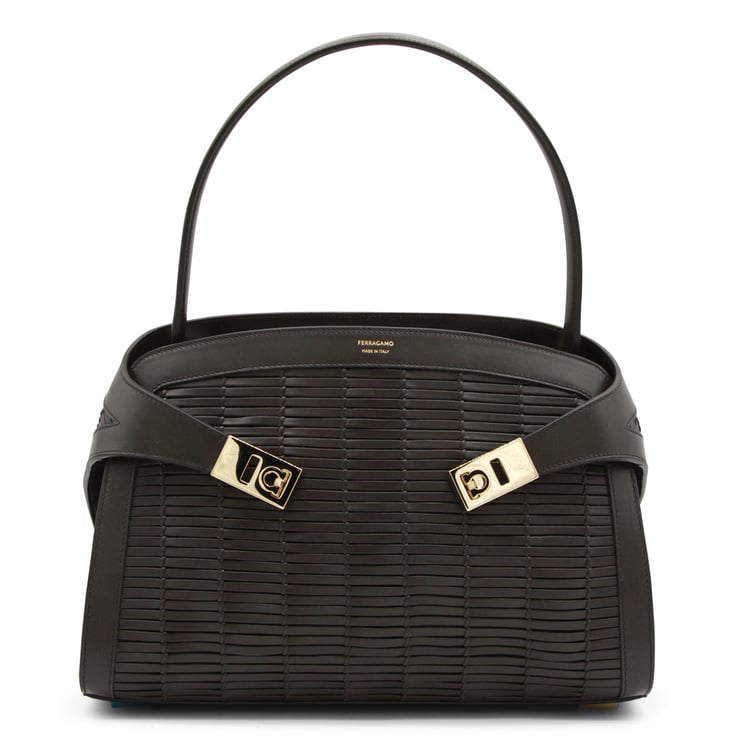 Ferragamo Textured Brown Leather Shoulder Bag with Gold-tone Accents