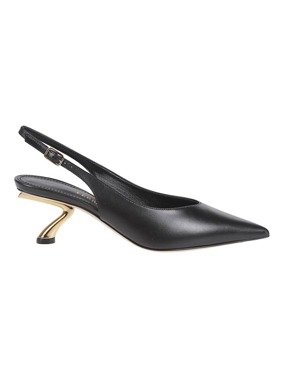 Ferragamo Sculptural Heel Slingback in Smooth Black Leather