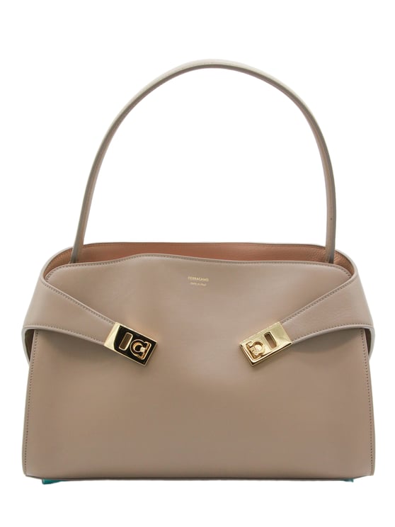 Ferragamo Structured Taupe Leather Handbag With Gold-Tone Accents