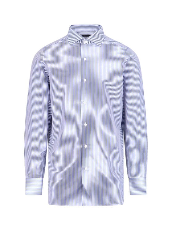Finamore 1925 Napoli Vertical Stripe Blue Cotton Shirt With Classic Collar