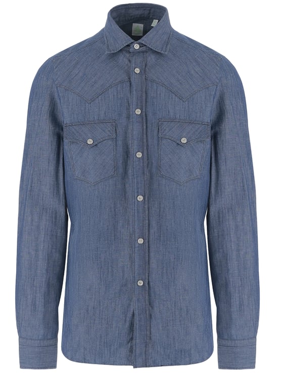 Finamore 1925 Napoli Dark Denim Cotton and Linen Shirt