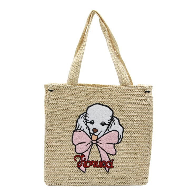 Fiorucci Textured Beige Woven Tote Bag With Poodle Embroidery