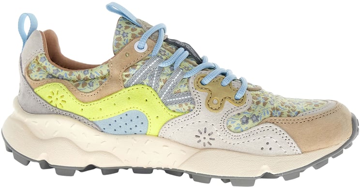 Flower Mountain Sneaker Flower Mountain modello Yamano 3 in suede beige e canvas giallino a fiorellini