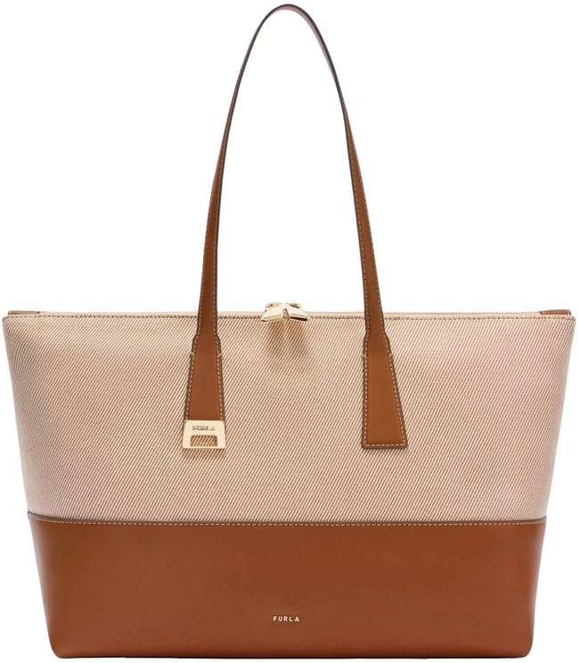 Furla Olivia L Tote Beige Cotton Leather Tote