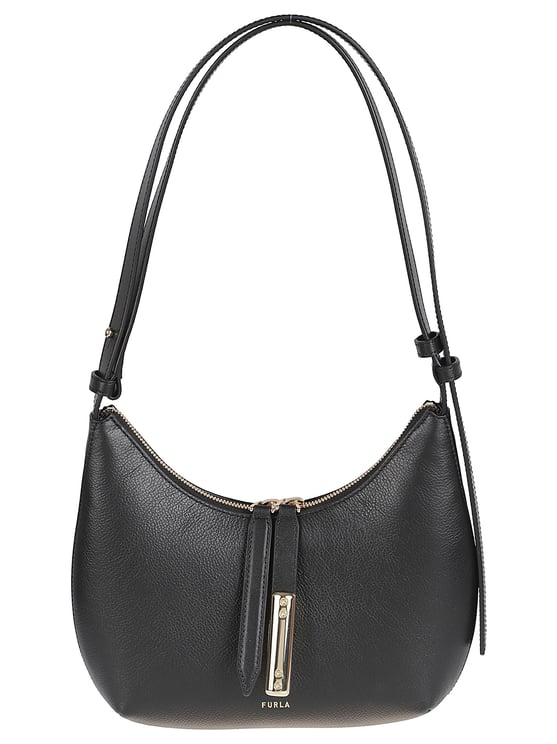 Furla Curved Black Textured Leather Bag with Gold Accents